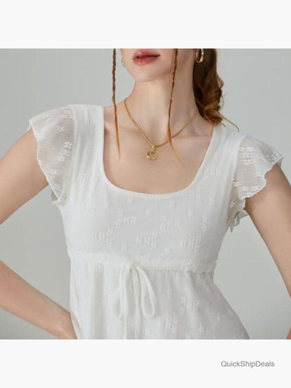 Women Square Neck Peplum Top Y2k Cap Sleeve Ruffle Trim Lace Up Slim Fit Blouse - Picture 6 of 6